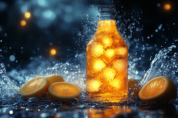 Glowing wireframe of a bottle filled with ice cubes and lemon slices, on a transparent background, enhanced with blue and black data points for a tech-inspired visual effect.

