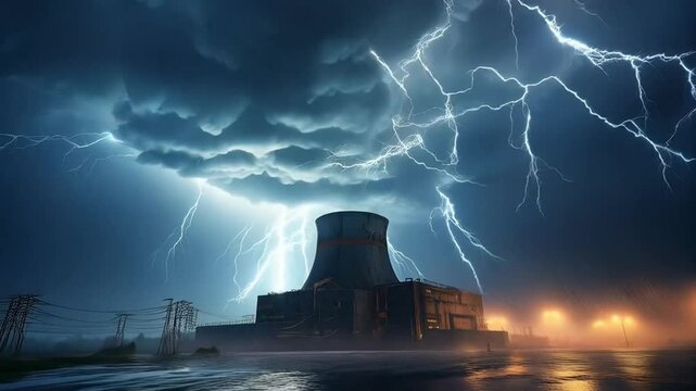 Ein Atomkraftwerk w&auml;hrend eines heftigen Gewitters