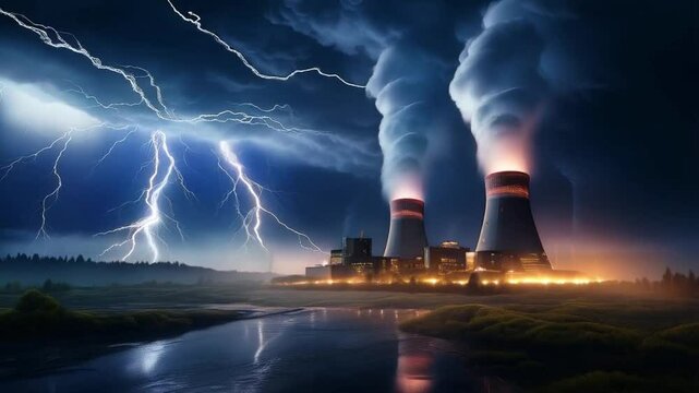 Ein Atomkraftwerk w&auml;hrend eines heftigen Gewitters