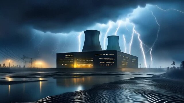 Ein Atomkraftwerk w&auml;hrend eines heftigen Gewitters