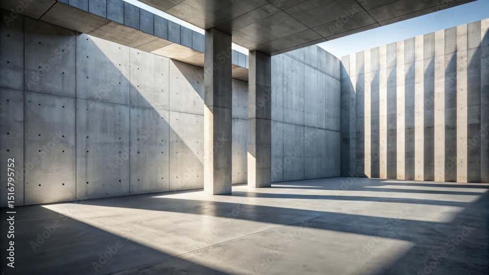 Fototapete sunlit concrete structure architectural design with pillars and walls showing light and shadow inter