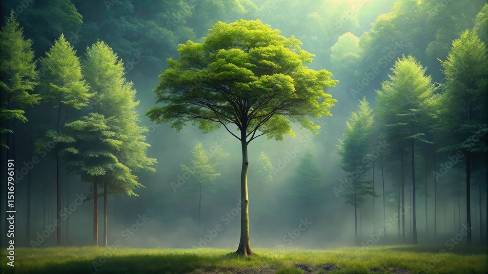 Poster serene springtime forest a single deciduous tree stands tall amidst a misty grove of evergreen trees
