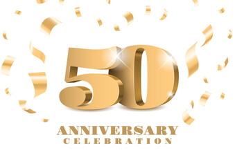 Anniversary 50. gold 3d numbers. Poster template for Celebrating 50th anniversary event party. Vector illustration