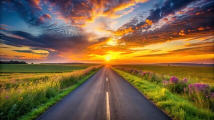 Naklejka premium Asphalt Road Through Vibrant Wildflower Meadows at Sunset, Leading Towards a Glorious Horizon