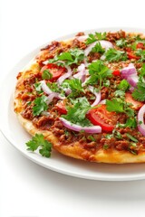 Delicious pizza topped with minced meat, fresh tomatoes, red onions, and vibrant herbs, served on a white plate, showcasing appetizing culinary presentation and inviting flavors
