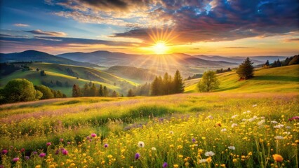 Serene Sunset Over Rolling Hills and Vibrant Wildflower Meadow