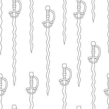 Seamless pattern featuring flamberge swords with ornate hilts. Hand drawn black outline doodle illustration, ideal for fantasy fabric prints, medieval-themed textiles, and coloring pages.