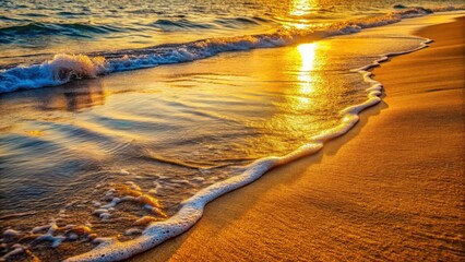 Golden Hour Shoreline  Ocean Waves Gently Kissing a Sandy Beach at Sunset