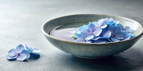 Serene blue hydrangea blossoms gently float in a tranquil bowl of water, a minimalist spa-like scene promoting calmness and well-being.
