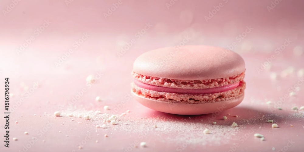 Poster a delicate pink macaron with a creamy filling rests on a soft pink surface adorned with delicate whi