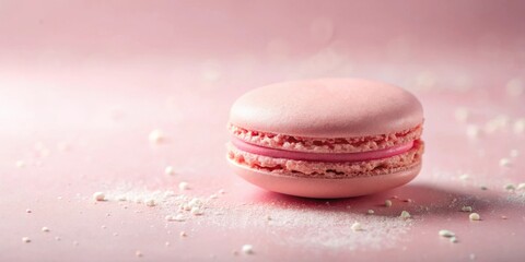 A Delicate Pink Macaron with a Creamy Filling Rests on a Soft Pink Surface Adorned with Delicate White Sprinkles