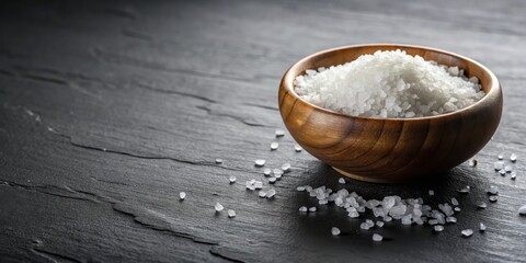 A wooden bowl overflowing with coarse sea salt crystals rests on a dark slate surface, some grains scattered nearby.