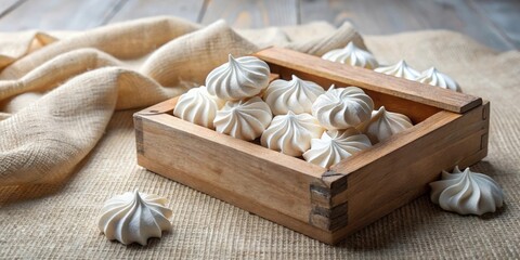 Delicate meringue cookies nestled in a rustic wooden crate, resting on a textured fabric surface