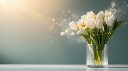 A beautiful bouquet of white tulips blooms gracefully in a clear glass vase, enhancing any space with its elegance and charm, radiating a fresh, serene atmosphere.