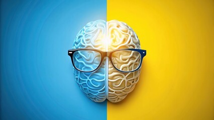 Illuminated Mind A Conceptual Representation of Intellectual Brilliance and the Power of Knowledge, Symbolized by a Brain with Eyeglasses Against a Vibrant Dual-Colored Background
