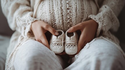 An expectant mother gently cradles a pair of adorable baby shoes, symbolizing love and anticipation for new life, set against a cozy, knitted background for warmth.