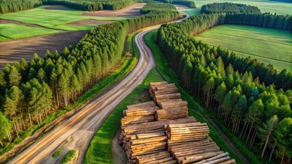 Aerial View of a Rural Road Winding Through Lush Green Fields and Forests, with Stacks of Harvested Timber