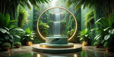 Serene Waterfall Oasis Luxurious Green Sanctuary with Circular Frame and Elegant Marble Display