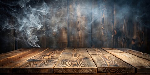 Rustic Wooden Tabletop with Wispy Smoke and Dark Wood Background, Ideal for Product Placement or Atmospheric Scenes