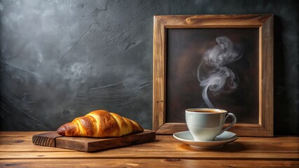 Aromatic Coffee Steam Rising Beside a Buttery Croissant on Rustic Wooden Tabletop with Dark Background and Wooden Frame