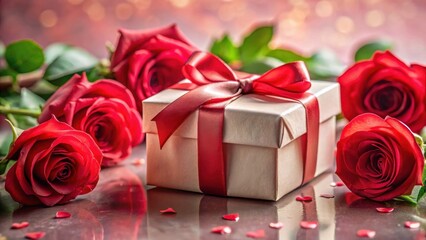 A romantic gift presentation featuring a delicately wrapped present and vibrant red roses, creating a lovely celebratory tableau.