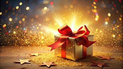 A radiant gold gift box adorned with a vibrant red ribbon, sparkling with festive magic and surrounded by golden glitter and stars.