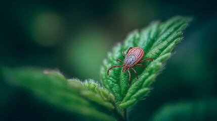 Close-up of a tick on a green leaf with soft blurred forest background, 