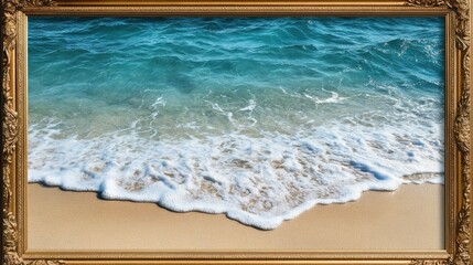 Obraz premium Serene ocean waves gently lapping on a sandy beach framed by a textured gold border Peaceful coastal scene