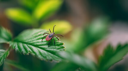 Close-up of a tick on a green leaf with soft blurred forest background, 