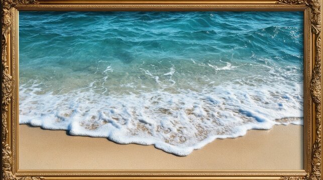 Serene ocean waves gently lapping on a sandy beach framed by a textured gold border Peaceful coastal scene - Powered by Adobe