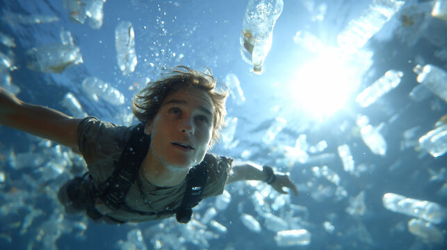 Young swimmer trapped in floating plastic bottles