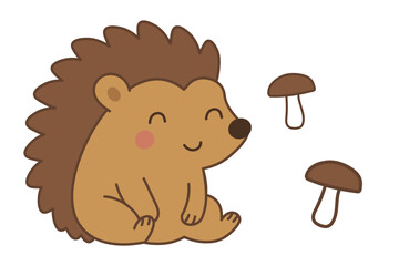 A happy hedgehog enjoys mushrooms in a whimsical forest.
