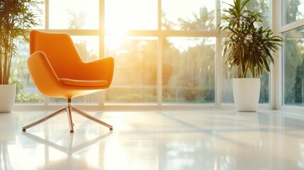 A stylish orange chair sits in a sunlit modern room, surrounded by greenery, creating a lively ambiance that reflects contemporary design and comfort.