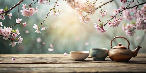 Tranquil Tea Ceremony Under a Canopy of Delicate Spring Blossoms on Rustic Wooden Table