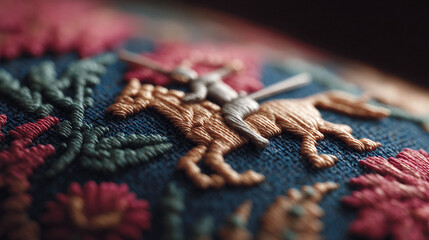 Intricate macro of embroidered art, a knight atop a horse, showcasing skillful needlework and classic design. Ideal for historical, textile, or artisanal themes.
