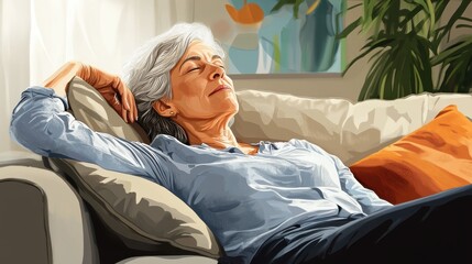 Obraz premium Calm relaxed mature older woman relaxing sitting on couch at home. Peaceful middle aged grey-haired lady resting on sofa in modern living room enjoying lounge and no stress, looking away, thinking. i