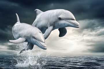 Naklejka premium Dolphins leap joyfully from ocean waves