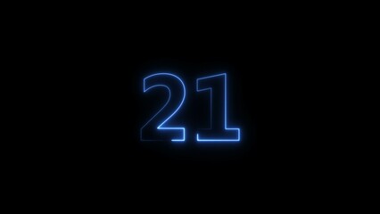 Number 21 neon bright royal blue color 4k illustration.
