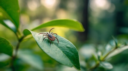 Close-up of a tick on a green leaf with soft blurred forest background, 