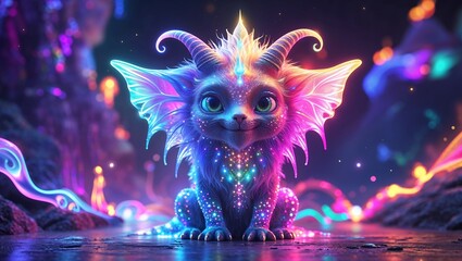 Magical neon fantasy creature cute kitten dragon