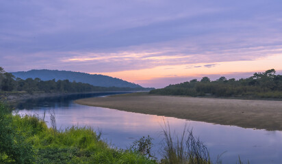 Stunning sunset view of the riven Brahmaputra in Kaziranga national park, Assam, India