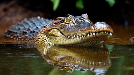 Saltwater crocodile resting in water with reflection showing