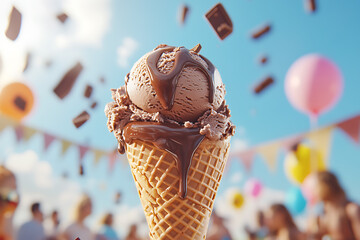 Close-Up of Creamy Chocolate Ice Cream Scoop in Waffle Cone