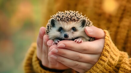 Woman holding a cute hedgehog in her hands