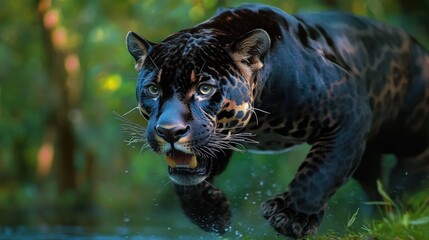 Black jaguar prowling through lush green jungle