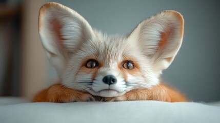 This adorable fennec fox features large, fluffy ears and expressive eyes, capturing a captivating expression that showcases the beauty of this unique desert animal.