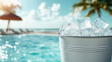 A bucket filled with ice sits next to a sparkling pool under a blue sky, perfect for conveying relaxation and refreshing summer vibes, ideal for pool or party themed visuals.