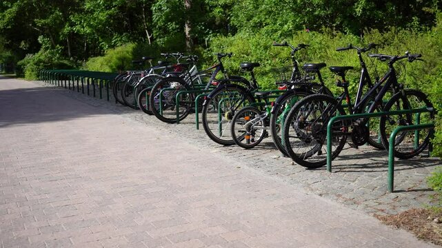 Several bikes are parked in a metal rack near green bushes on a sunny day making the scene beautiful and practical showcasing eco friendly transport and urban green spaces