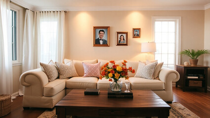 Fototapeta premium Interior of a living room with a sofa and a coffee table