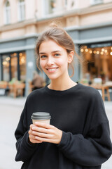 Young caucasian female enjoying coffee outdoors in urban setting with a warm smile